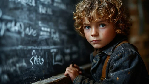 Serious Young Boy with Curly Hair and Blue Eyes