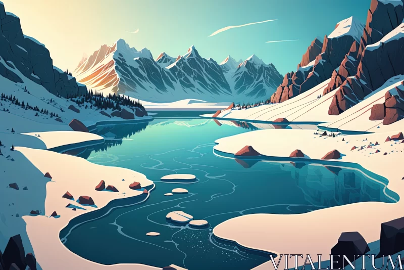 Snowy Mountains with Winter Scenery: Serene Illustrations AI Image