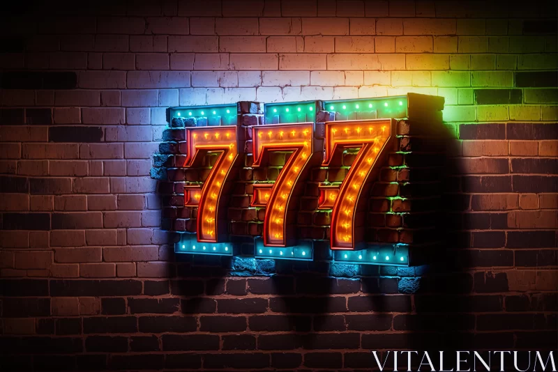 Surreal Neon 777 Slot Machine on Brick Wall - High-Quality Photo AI Image