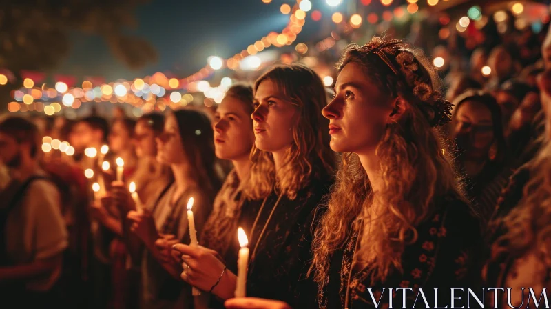 Thoughtful Young Women Holding Burning Candles at Night AI Image