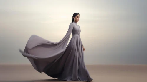 Young Woman in Gray Dress Walking in Desert