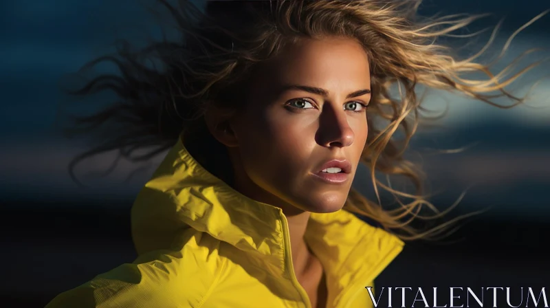 Young Woman Portrait in Yellow Jacket with Blond Hair AI Image