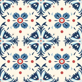 Blue and Red Floral Seamless Pattern on Cream Background