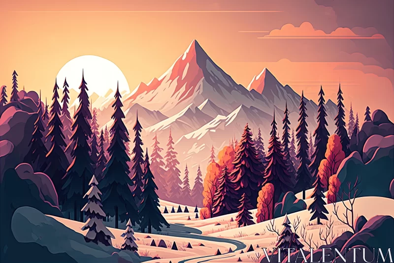 Captivating Forest Landscape Illustration with Majestic Mountains AI Image