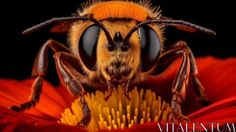 Close-up Bee on Red Flower AI Image