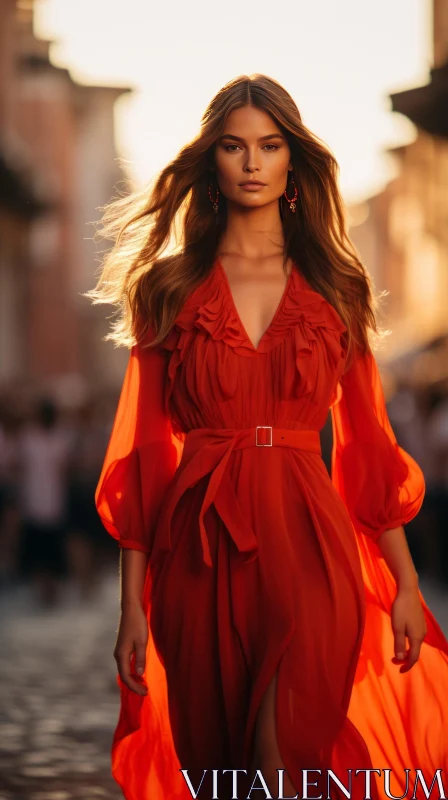 Confident Woman in Red Dress Walking City Street AI Image