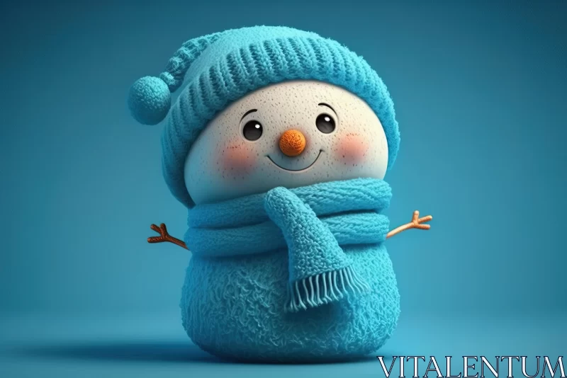 Cute Cartoonish Snowman with Hat and Scarf on Blue Background - 3D Rendering AI Image