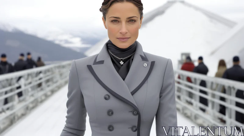 Elegant Woman Portrait on Bridge with Mountain Background AI Image