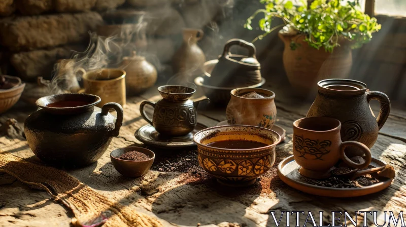 Enchanting Still Life with Ceramic Cups and Pots AI Image