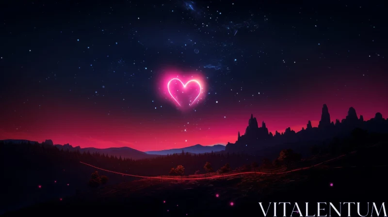 Glowing Pink Heart Landscape at Night AI Image