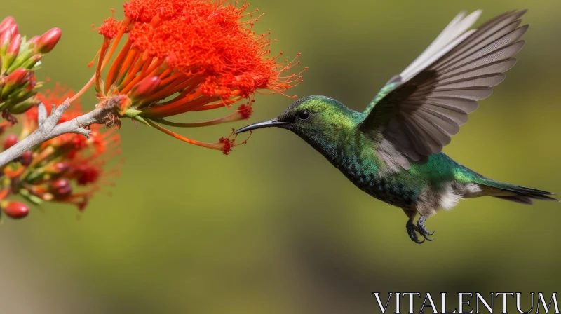 Green Hummingbird Flying Towards Red Flower AI Image