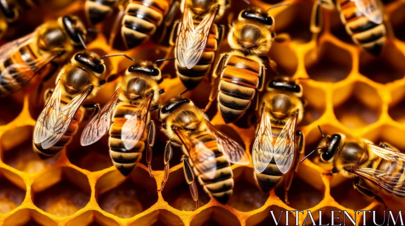 Honey Bees on Hexagonal Honeycomb AI Image