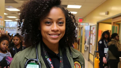 Portrait of a Smiling African-American Woman with Stethoscope and MD Badge