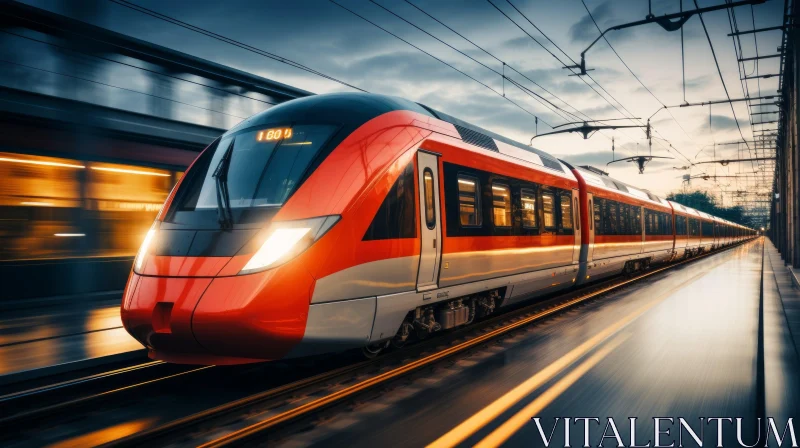 Red and White High-Speed Train Racing Through Urban Landscape AI Image