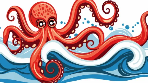 Red Octopus Illustration in Blue Sea