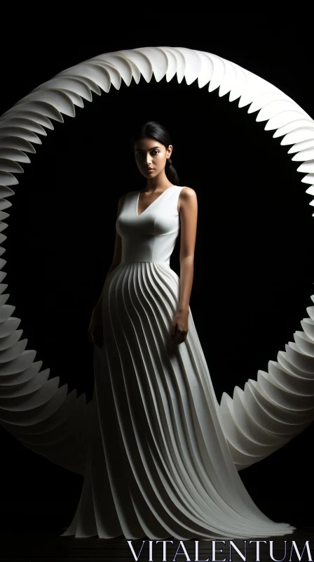 Serene Woman in White Dress on Black Background AI Image