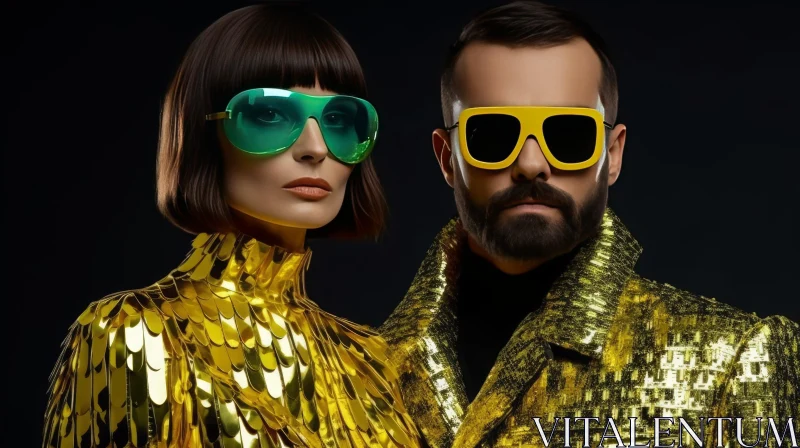 AI ART Stylish Man and Woman Portrait in Gold Clothes and Sunglasses