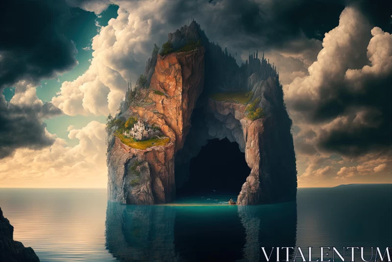 Surrealistic Dreamscape: A Cave Surrounded by Water on Lake Side AI Image