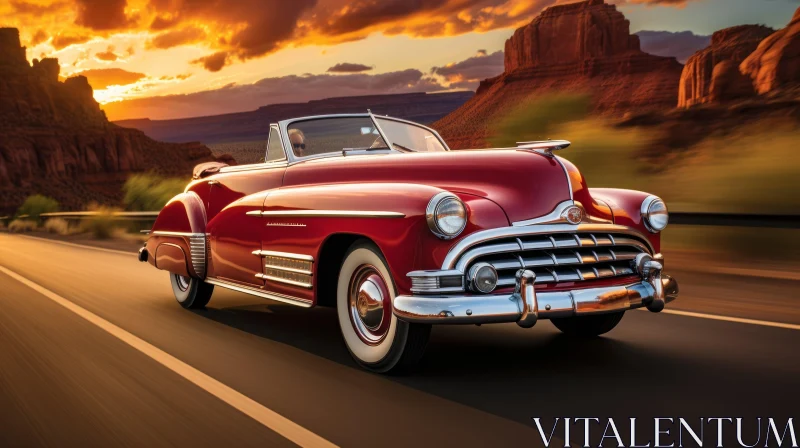 Vintage Red Car Driving on Desert Highway at Sunset AI Image
