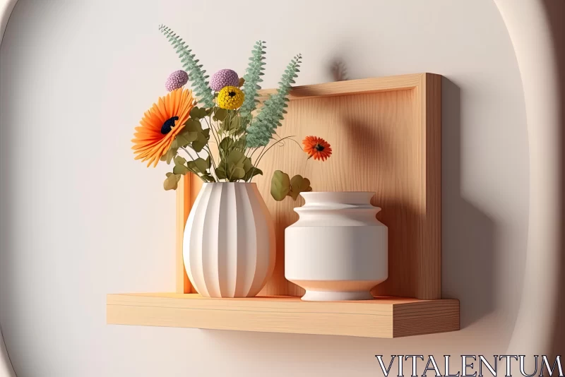 AI ART 3D Flower Vase with Flowers on Shelf | Light Beige and Orange