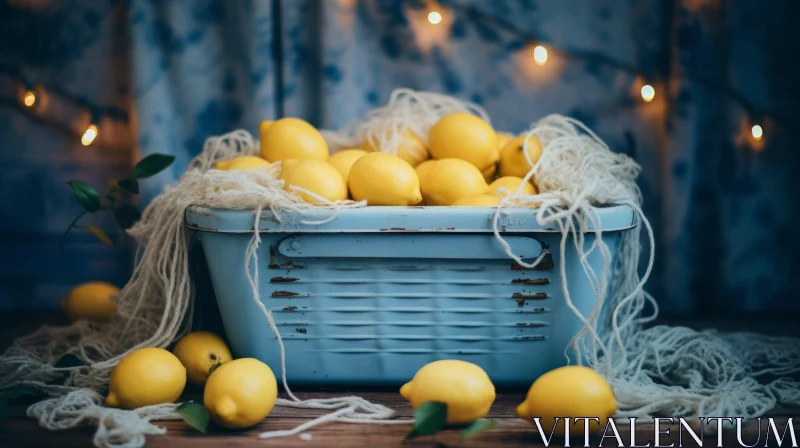 AI ART Blue Metal Basket with Lemons Still Life Composition