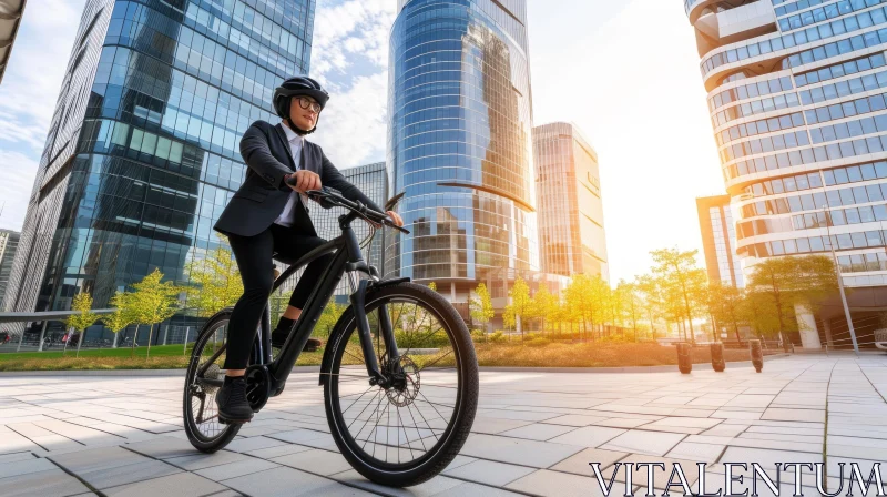 Businesswoman Riding Electric Bicycle in the City AI Image