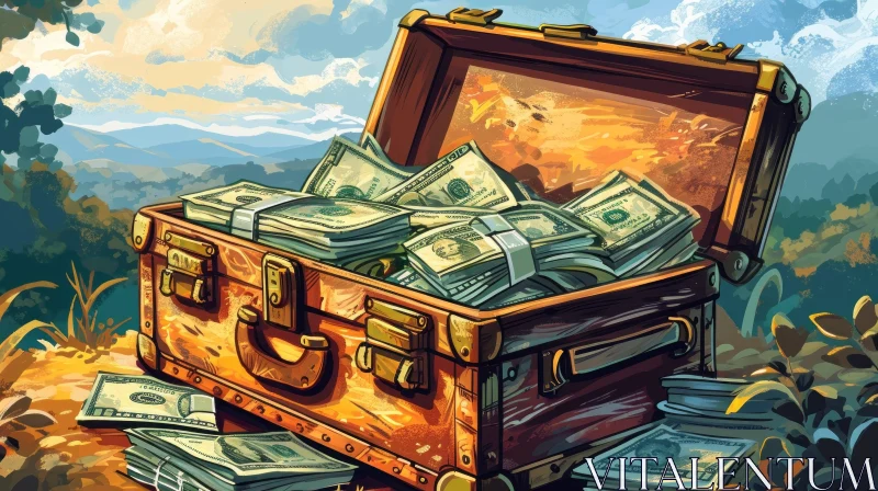 Captivating Digital Painting of a Treasure Chest Overflowing with Money AI Image