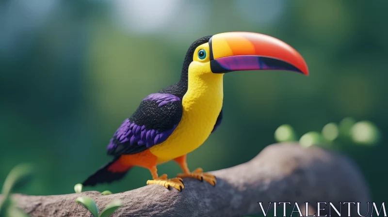 Colorful Cartoon Toucan on Branch - 3D Rendering AI Image