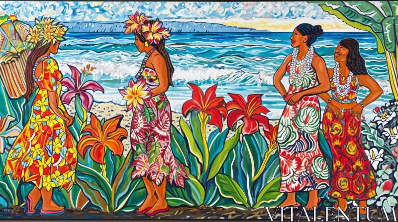Colorful Hawaiian Women Painting in Lush Garden | Ocean Background AI Image