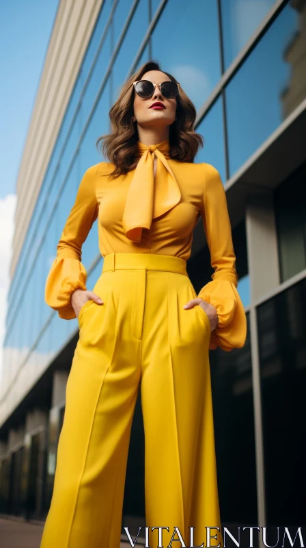 Confident Young Woman in Yellow Fashion at Modern Building AI Image