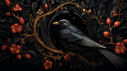 Dark Moody Painting of a Bird on Branch with Red Flowers