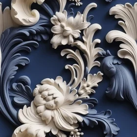 Elegant 3D Damask Floral Pattern on Blue Background