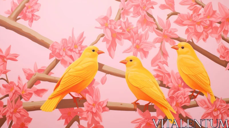 Enchanting Painting of Yellow Birds and Pink Flowers AI Image