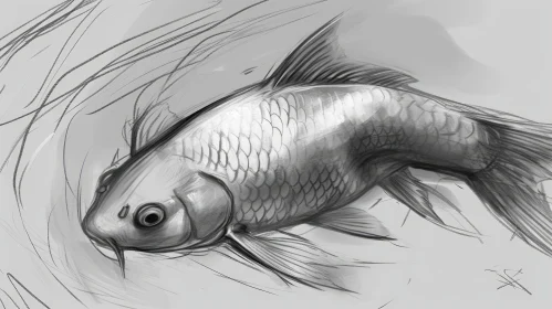 Grayscale Digital Painting of Koi Fish with Aquatic Plants