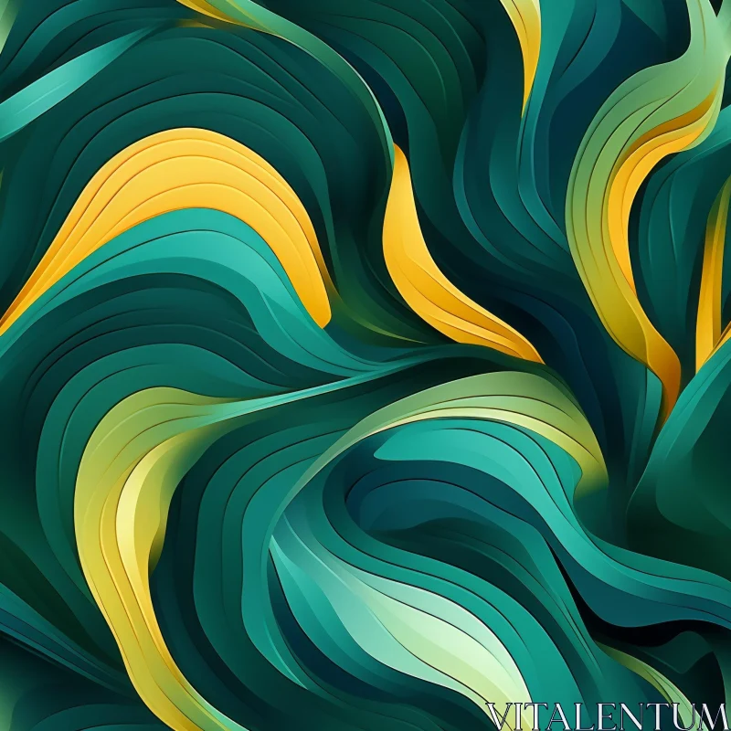 AI ART Green Teal Yellow Abstract Wavy Painting