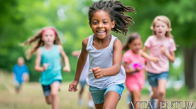 Joyful Children Running Freely in a Park AI Image