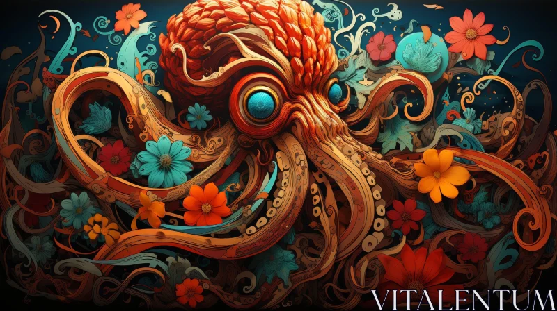 Realistic Octopus Illustration Surrounded by Flowers AI Image