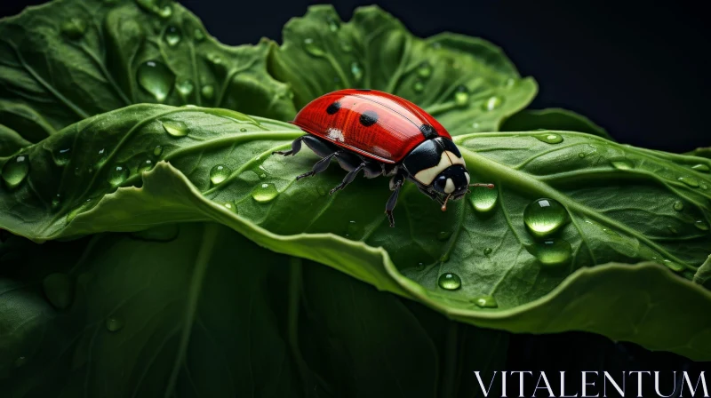 AI ART Red Ladybug on Green Leaf: Close-up View