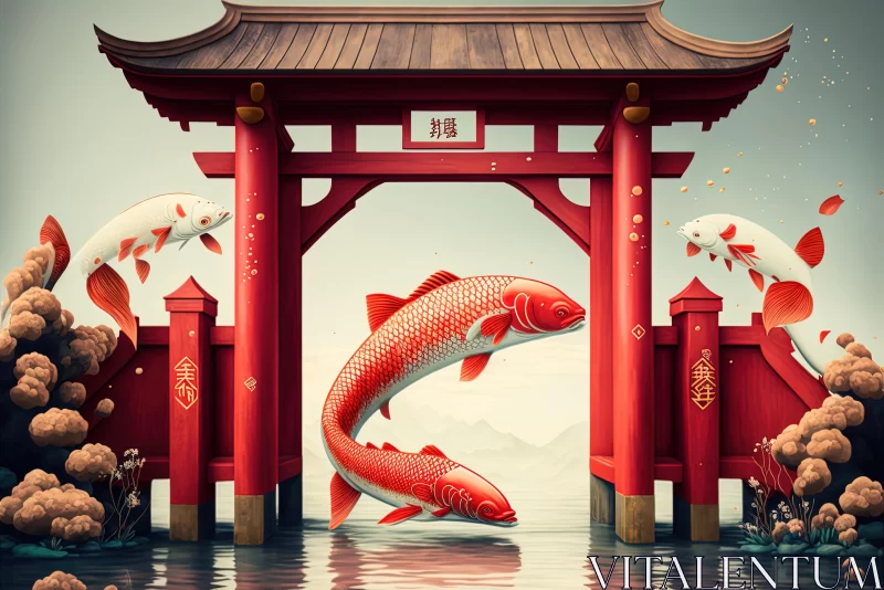 Red Wood Gate Over Water with Jumping Fish - Surrealistic Realism Art AI Image