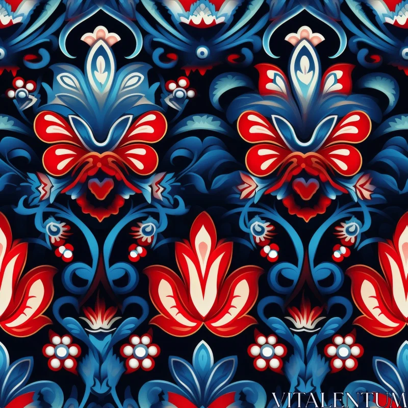 Russian Floral Seamless Pattern on Dark Blue Background AI Image