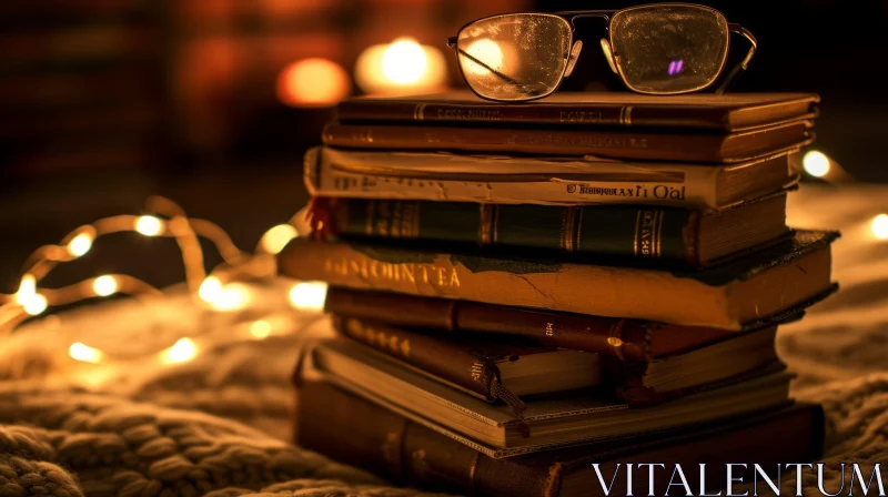 Stack of Old Books with Warm Candle Lights - Nostalgic Photo AI Image