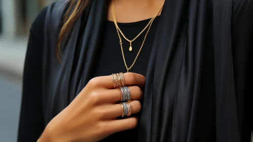 Stylish Woman with Rings and Necklaces in Black Abaya