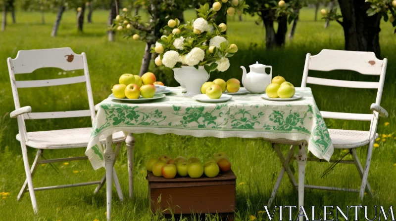 AI ART Tea Time in Apple Orchard: Serene Table Setting