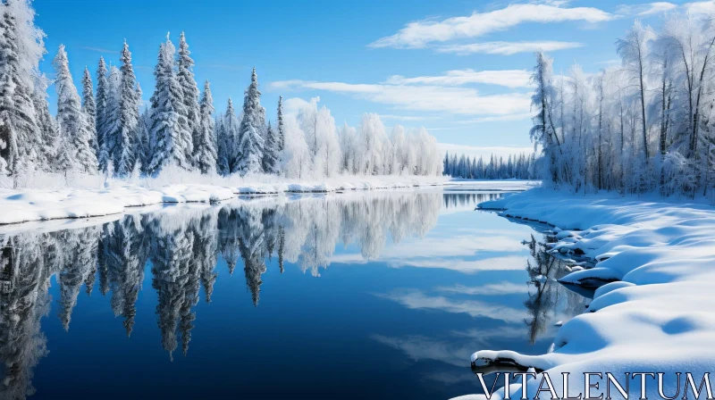 AI ART Tranquil Winter Landscape: Frozen River in Snowy Forest