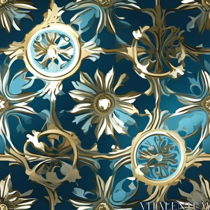 Vintage Floral Pattern in Blue and Gold AI Image