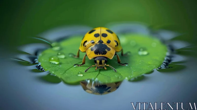 AI ART Yellow Ladybug on Green Leaf in Pond