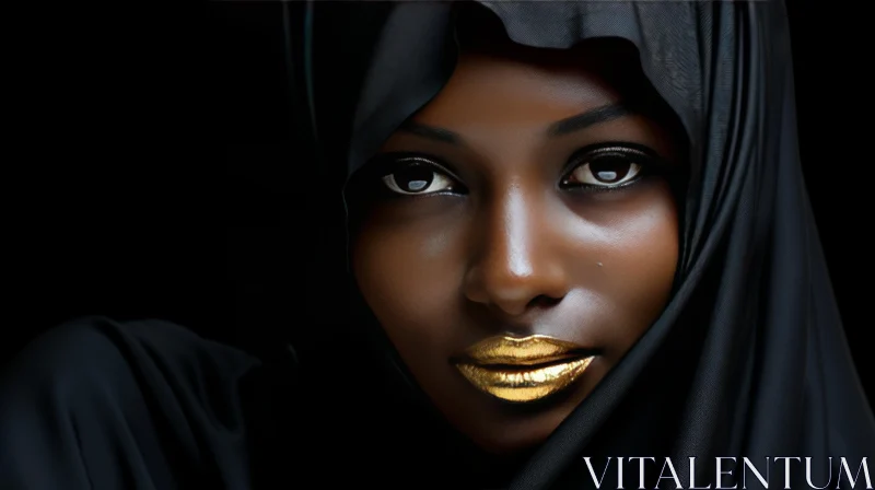 African Woman Portrait with Gold Lipstick and Hijab AI Image