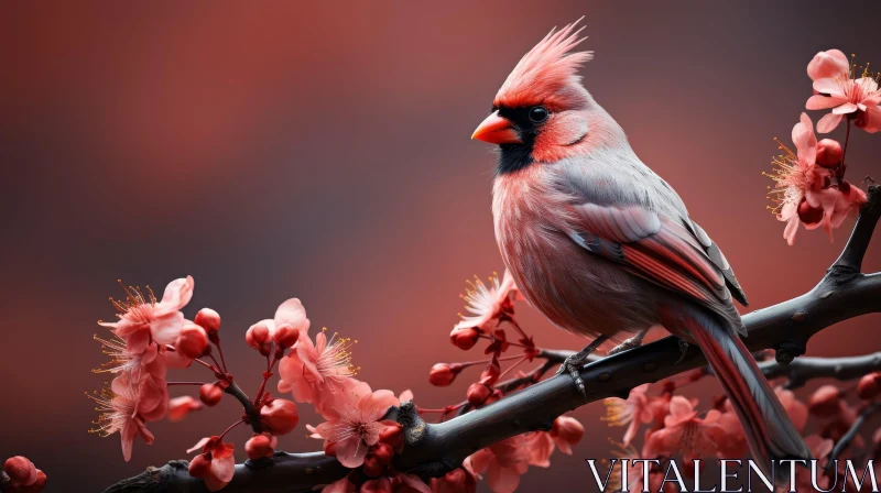 Beautiful Cardinal Bird on Flowering Tree Branch AI Image