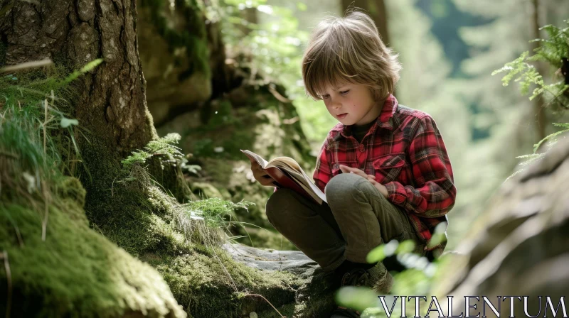 Captivating Image: Serene Forest Scene with a Little Boy Reading a Book AI Image