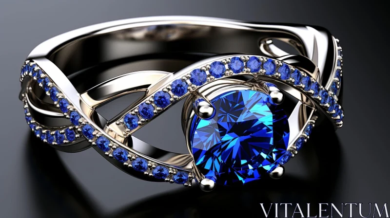 Exquisite White Gold Ring with Blue Sapphire - 3D Jewelry Design AI Image